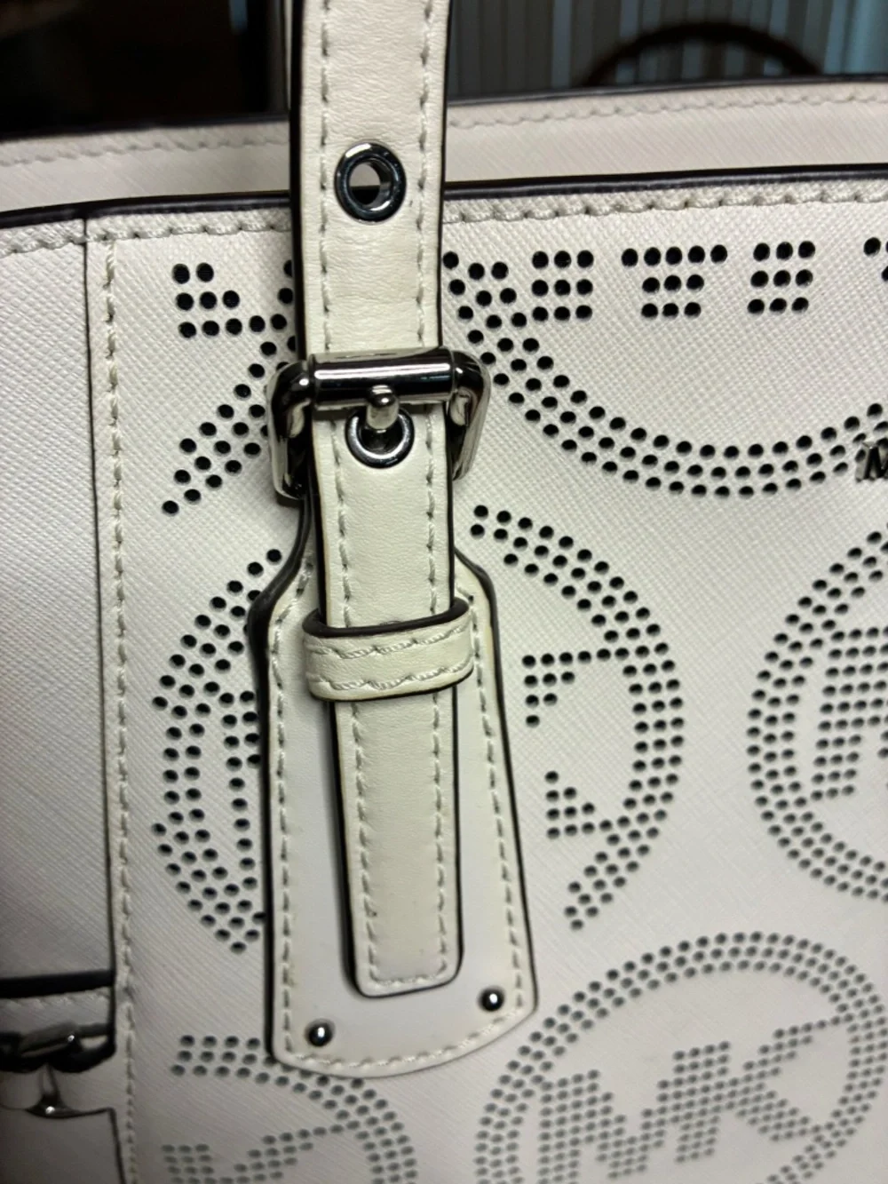 🤍 Michael Kors Ivory Perforated MK Logo Tote 🤍